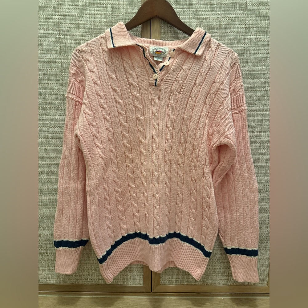 Marsh Landing Vintage 100% Cotton Pink Sweater with Navy Accents size Large